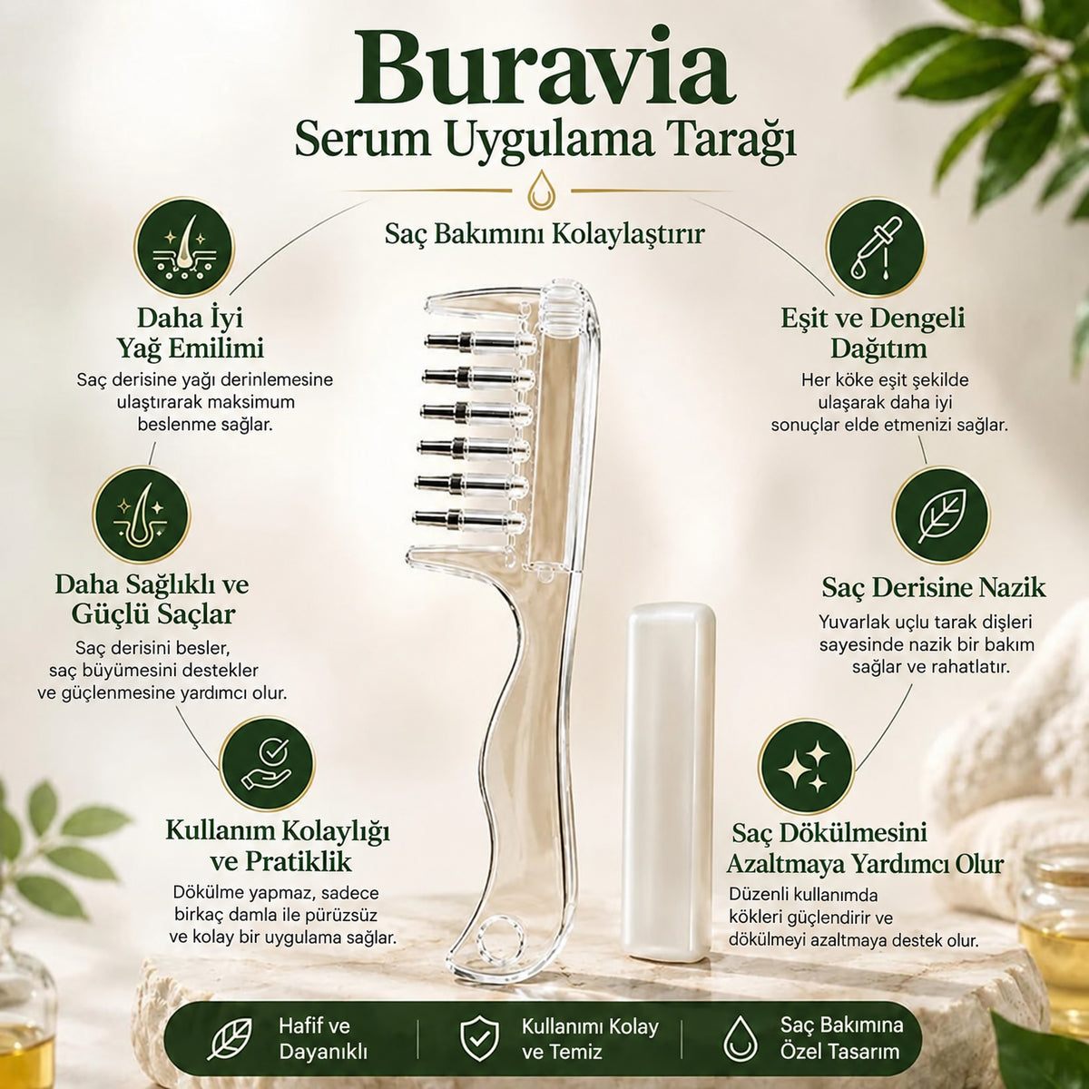 Buravia Serum Uygulama Tarağı – şeffaf hazneli, uçlu dişli saç derisi serum ve yağ uygulama tarağı